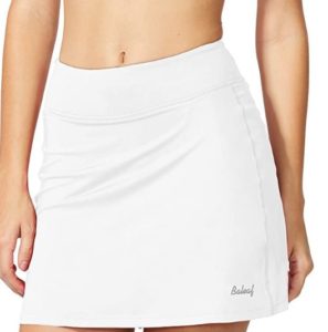 Baleaf tennis skirt on Amazon is a cheap tennis skirt under $30 in white