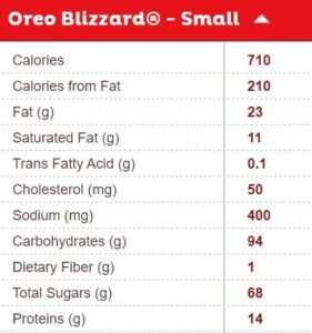 calories and nutritional info for a small Dairy Queen oreo ice-cream Blizzard