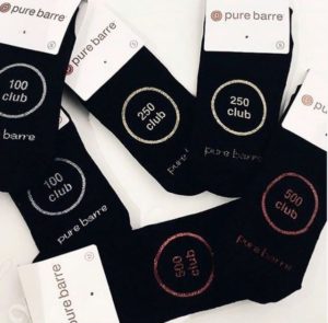 Pure Barre socks for free for 100 club, 250 club, and 500 club for completing classes