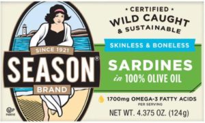 sardines by Season in 100% olive oil as a high protein snack with low carbs, omega-3 fatty acids, and boneless and skinless sardines