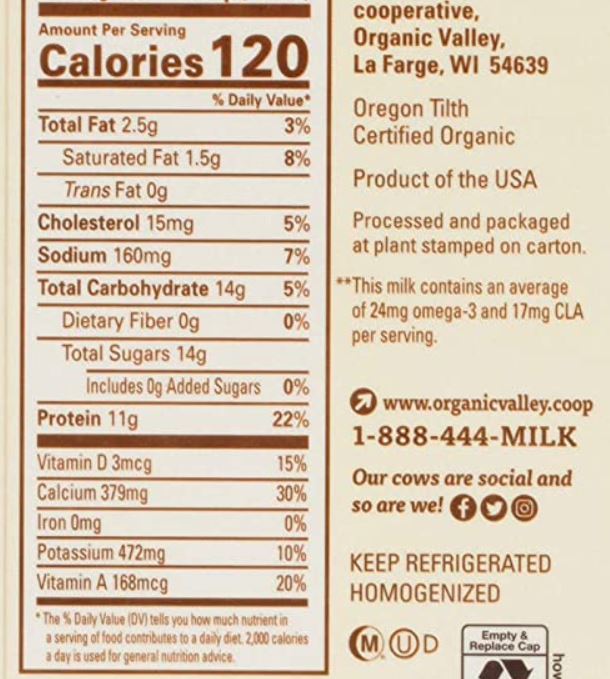 Organic Valley High Protein Milk Nutritional Value Information