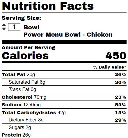 Taco Bell Power Bowl Menu with Chicken calories and nutritional info