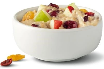 McDonald's fruit and maple oatmeal with oats, cream, cranberries, 320 calories, 6 grams of protein, and 4 grams of fiber