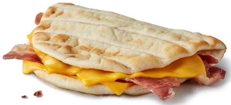 Cheesy Bacon Flatbread from McDonald's UK with bacon, cheese, and flatbread that is high in fat and calories