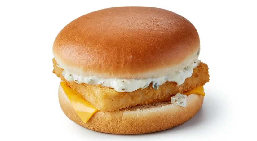 McDonald's UK Filet-o-Fish low calorie sandwich and low calorie food with fish, breadcrumbs, cheese, tartare sauce, and a bun