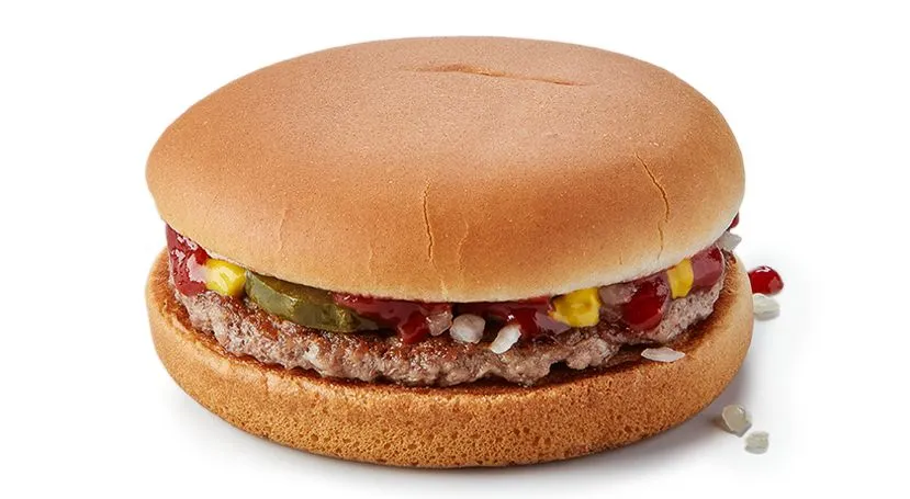 hamburger from McDonald's in the UK menu with only 250 kcal, 100% beef, onions, pickles, mustard, and ketchup for a healthy lunch item
